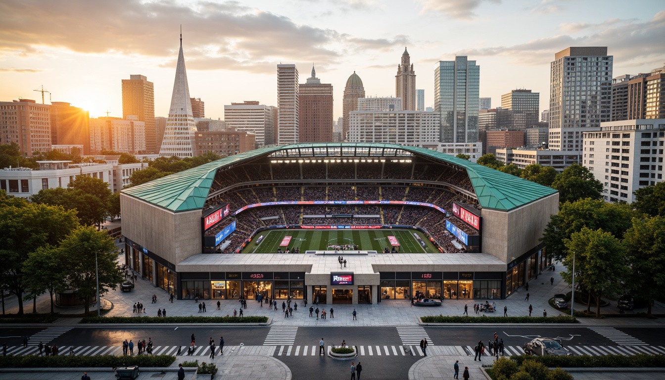 Prompt: Urban stadium, bustling streets, vibrant crowd, monumental architecture, grand entrance gates, ticket booths, turnstiles, concession stands, sports bars, modern seating areas, green roofs, urban skyline views, cityscape backdrop, afternoon sun, warm golden lighting, shallow depth of field, 2/3 composition, dynamic angular lines, sleek metal fa\u00e7ades, LED scoreboards, giant video screens, floodlighting systems, lush landscaping, pedestrian walkways, bike lanes, public art installations, cultural heritage references.