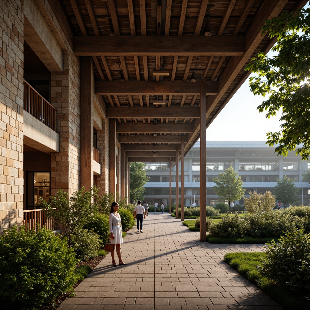 Prompt: Rustic stadium facade, earthy color palette, natural stone walls, wooden beam ceilings, exposed brick arches, steel trusses, corrugated metal roofs, vibrant greenery, lush vegetation, regional patterns, cultural motifs, intricate mosaics, warm ambient lighting, shallow depth of field, 1/2 composition, dynamic camera angles, realistic textures, atmospheric fog effects.