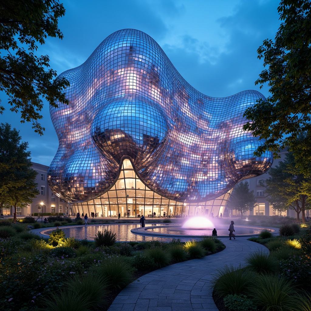 Prompt: Organic blob-shaped building, iridescent glass facade, swirling patterns, parametric design, futuristic aesthetic, neon-lit nighttime scene, misty atmosphere, reflective pool of water, lush greenery, winding pedestrian path, sleek metal accents, undulating roofline, cantilevered structures, 3D-printed components, translucent canopies, interactive light installations, ambient soundscapes, shallow depth of field, 1/1 composition, high-dynamic-range imaging, realistic material textures.