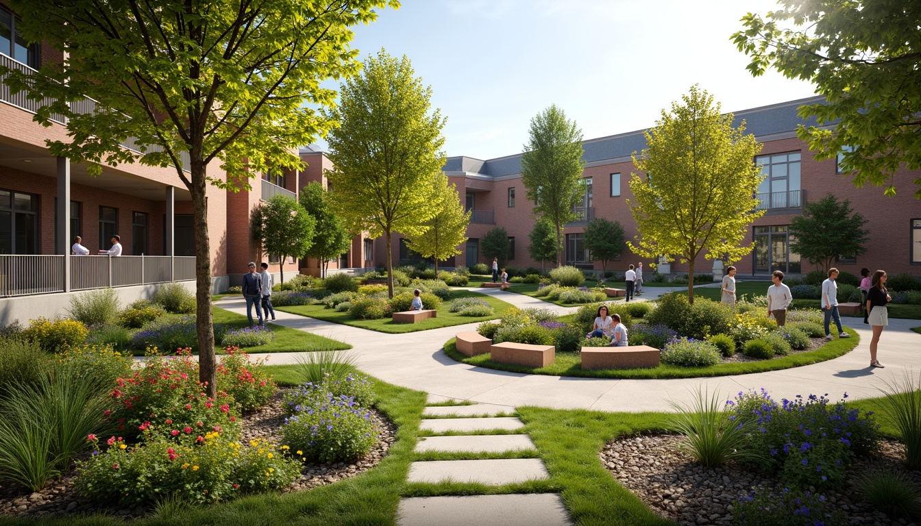 Prompt: Vibrant schoolyard, lush greenery, blooming flowers, manicured lawns, colorful shrubs, natural stone pathways, wooden benches, educational signage, modern school buildings, large windows, glass doors, sunny day, soft warm lighting, shallow depth of field, 3/4 composition, panoramic view, realistic textures, ambient occlusion.