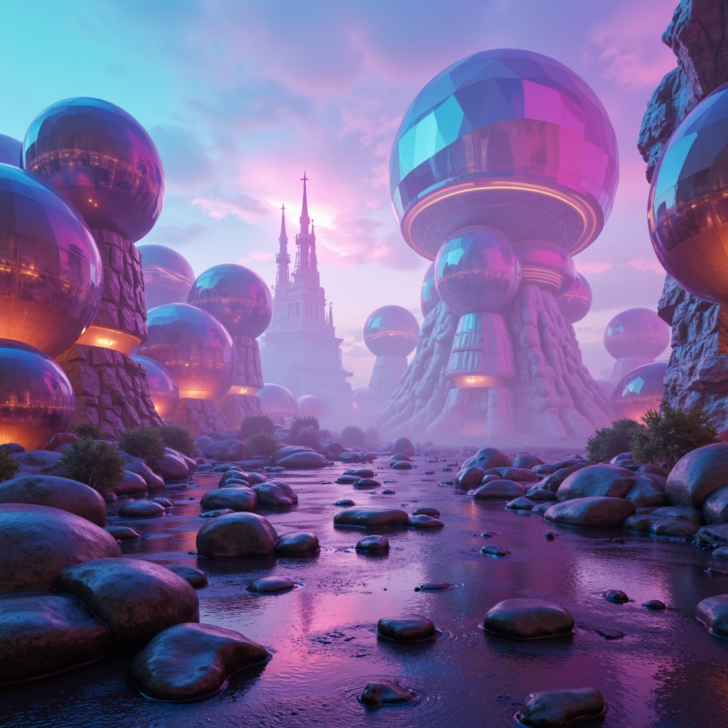 Prompt: Vibrant blob-like structures, iridescent colors, shimmering effects, neon hues, glowing accents, pastel shades, soft gradient transitions, futuristic ambiance, dreamy atmosphere, surreal landscape, misty background, warm lighting, high contrast, bold typography, stylized patterns, metallic materials, holographic textures, 3D rendering, low poly aesthetic, atmospheric perspective.