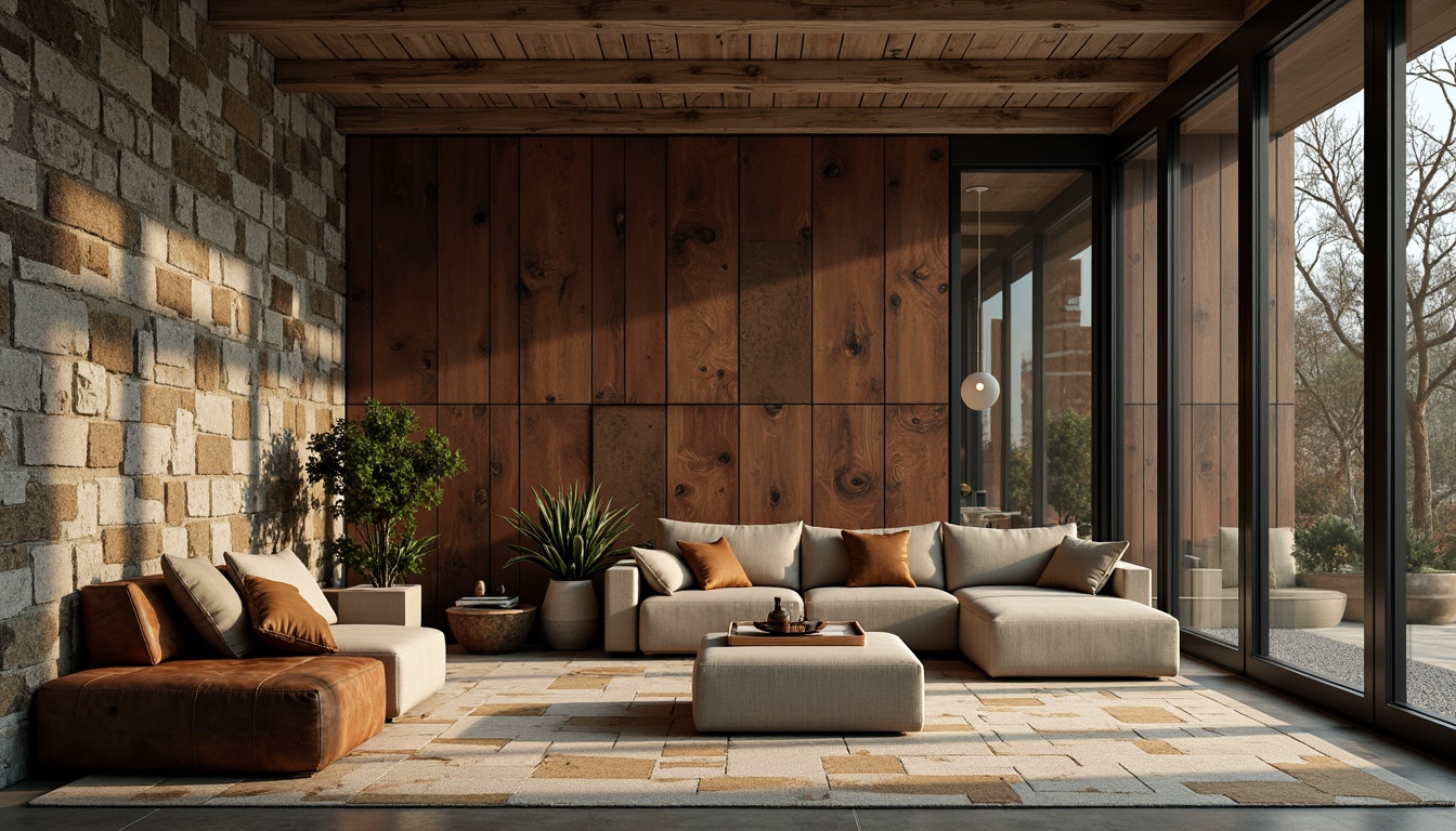 Prompt: Rough stone walls, weathered wooden planks, rusty metal sheets, smooth glass facades, worn concrete floors, distressed leather upholstery, tactile fabric patterns, organic natural forms, earthy color palette, warm ambient lighting, shallow depth of field, 3/4 composition, realistic textures, ambient occlusion.