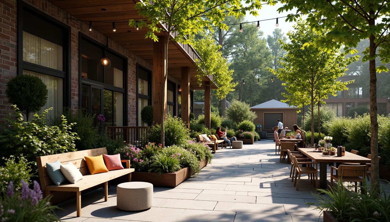 Prompt: Inviting coffee shop patio, lush greenery, blooming flowers, natural stone flooring, wooden benches, comfortable outdoor seating, colorful throw pillows, rustic metal tables, warm string lighting, sunny afternoon, soft gentle breeze, 1/2 composition, relaxed atmosphere, realistic textures, ambient occlusion.