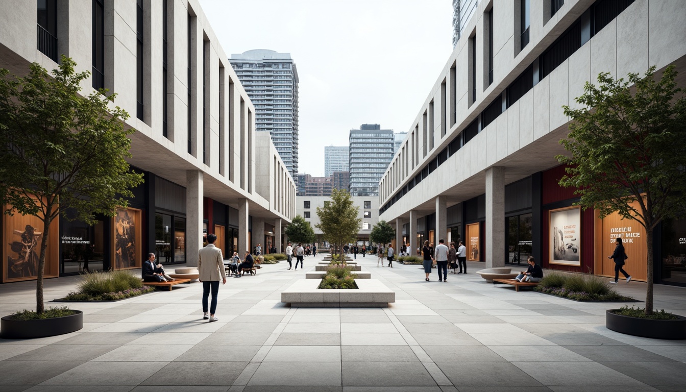 Prompt: Minimalist open plaza, clean lines, rectangular shapes, industrial materials, exposed ductwork, functional simplicity, bold typography, primary color accents, geometric patterns, cantilevered roofs, large windows, natural light, urban landscape, busy streets, modern cityscape, shallow depth of field, 1/1 composition, symmetrical framing, high contrast, abstract textures, ambient occlusion.