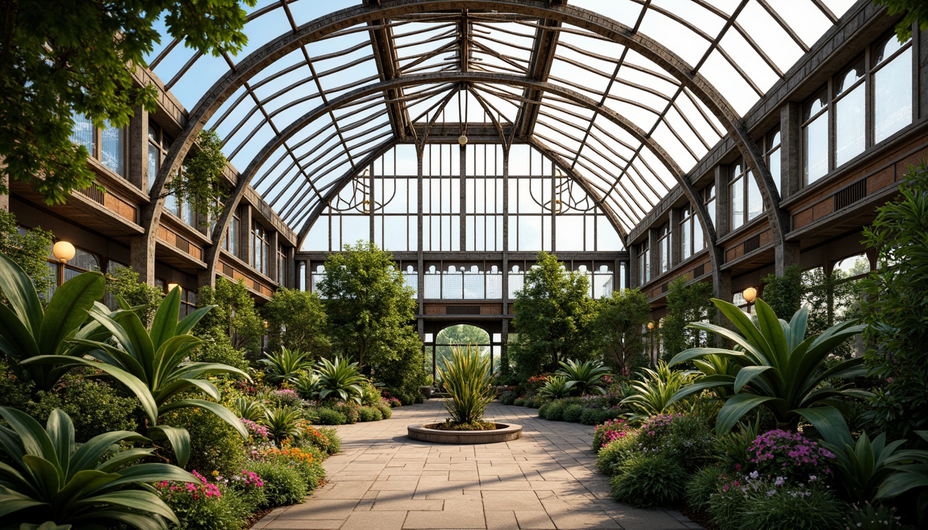 Prompt: Art Deco greenhouse, ornate metal framework, lush greenery, exotic plants, geometric patterns, vibrant colors, curved lines, symmetrical composition, glass panels, metallic accents, intricate mosaics, tropical flowers, natural stone pathways, warm sunny day, soft diffused lighting, shallow depth of field, 1/1 composition, panoramic view, realistic textures, ambient occlusion.