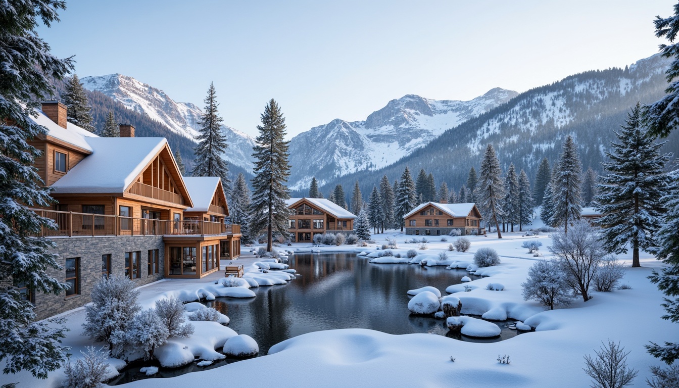 Prompt: Snow-capped mountains, frosty pine trees, serene ski resort, modern ski center architecture, sloping roofs, wooden accents, large windows, panoramic views, ski lifts, snowboarding equipment, frozen lakes, icy waterfalls, misty mornings, soft warm lighting, shallow depth of field, 3/4 composition, realistic textures, ambient occlusion, natural stone walls, rustic wooden bridges, winding mountain roads, powdered snow pathways.