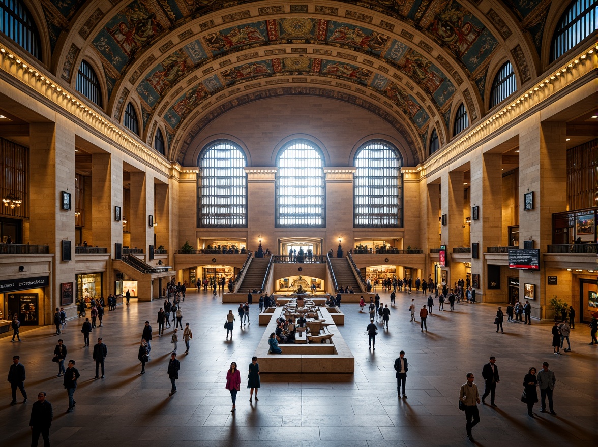 Prompt: Grand metro station, high ceilings, ornate archways, Romanesque columns, intricate stone carvings, vibrant mosaic tiles, large windows, natural light, bustling atmosphere, busy commuters, modern trains, sleek platforms, industrial materials, metallic tones, warm lighting, shallow depth of field, 1/1 composition, symmetrical view, realistic textures, ambient occlusion.