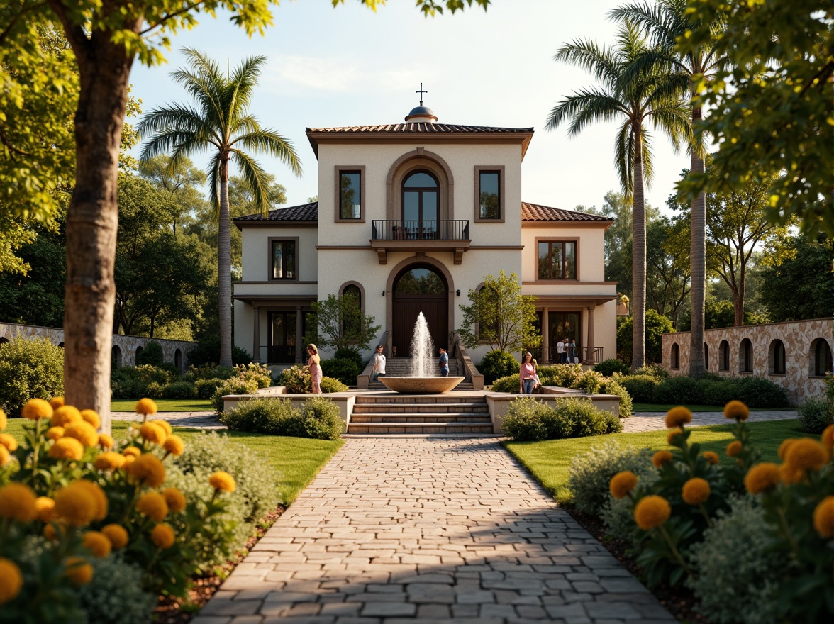 Prompt: Elegant villa, Renaissance-style architecture, lush greenery, blooming flowers, cobblestone pathways, ornate fountains, grand entrance gates, rustic stone walls, Tuscan-inspired gardens, serene water features, tranquil atmosphere, warm sunny day, soft golden lighting, shallow depth of field, 1/1 composition, symmetrical framing, realistic textures, ambient occlusion.