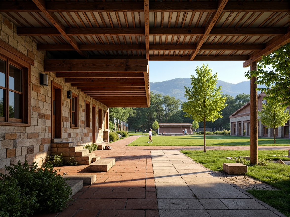 Prompt: Rustic stadium, regional vernacular style, natural stone walls, earthy tones, wooden beams, corrugated metal roofs, vibrant greenery, lush grass fields, athletic tracks, sports equipment, traditional architectural elements, local cultural references, warm earthy lighting, shallow depth of field, 1/1 composition, realistic textures, ambient occlusion, dramatic shadowing.