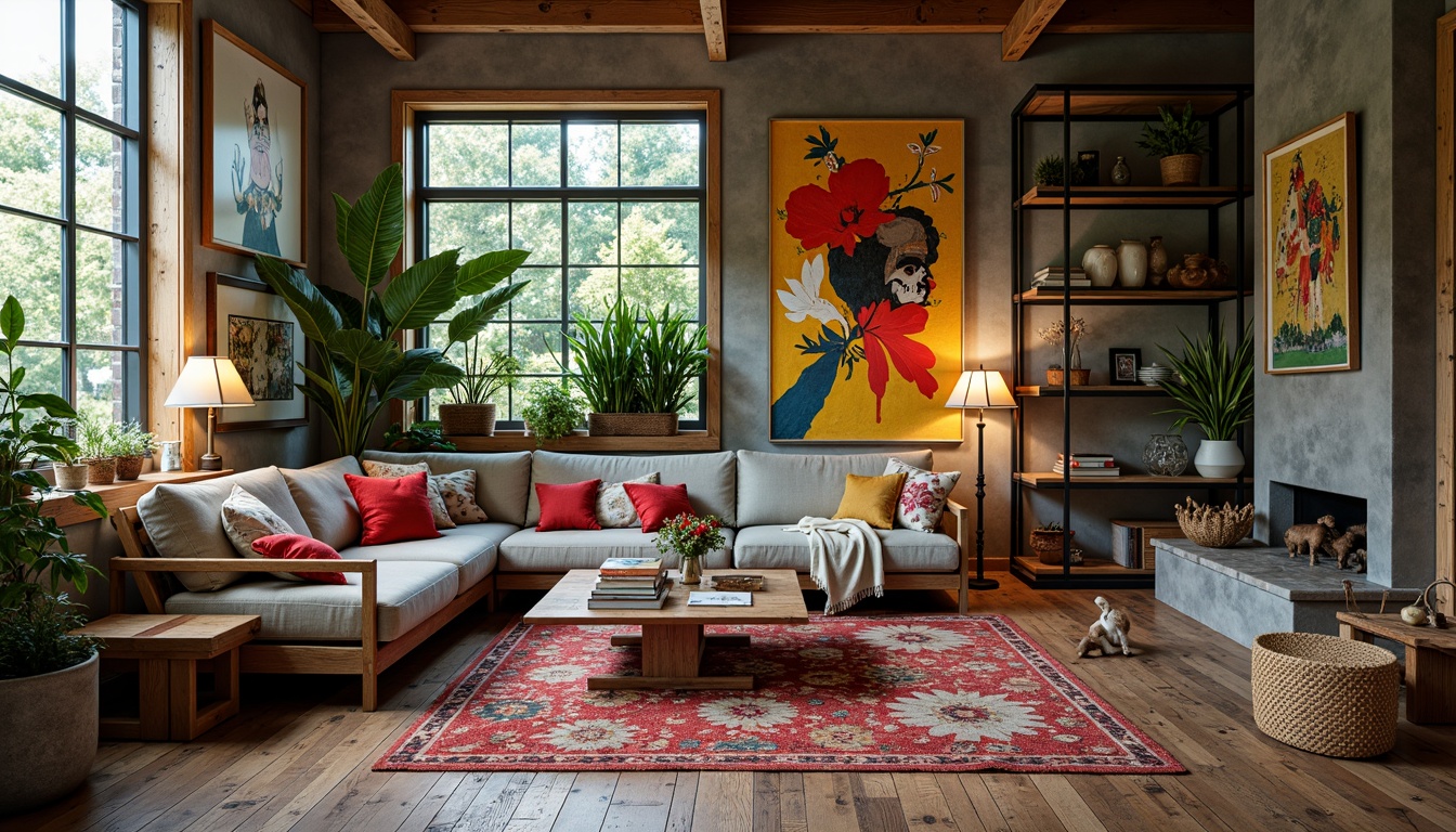 Prompt: Vibrant eclectic living room, bold patterned rugs, distressed wooden floors, mismatched vintage furniture, colorful abstract artwork, oversized pendant lamps, lush greenery, natural textiles, woven baskets, industrial metal shelves, reclaimed wood accents, cozy reading nooks, statement walls, eclectic decorative objects, warm ambient lighting, shallow depth of field, 1/2 composition, realistic textures, soft focus.