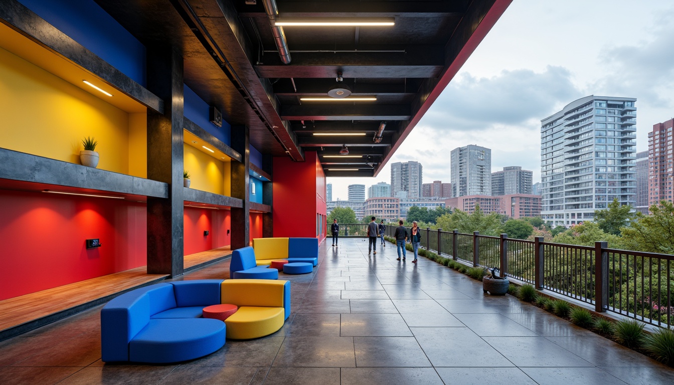 Prompt: Vibrant youth center, bold constructivist architecture, primary color scheme, bright red accents, deep blue tones, yellow highlights, geometric shapes, angular lines, industrial materials, exposed ductwork, polished concrete floors, metallic surfaces, urban cityscape, cloudy sky, dramatic shadows, high contrast lighting, 3/4 composition, dynamic camera angles, gritty textures, realistic reflections.