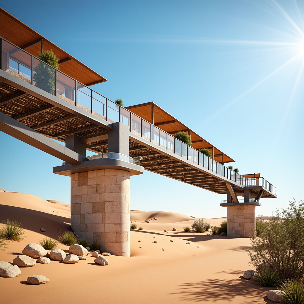 Prompt: Desert landscape, sandy dunes, cactus plants, hot sunny day, clear blue sky, vast open space, futuristic desert-inspired bridge architecture, sleek metal structures, reflective glass railings, angular lines, minimalist design, sustainable energy solutions, solar panels, wind turbines, water conservation systems, eco-friendly materials, innovative cooling technologies, shaded outdoor spaces, misting systems, Arabic-inspired patterns, vibrant colorful textiles, intricate geometric motifs, weathered steel beams, rust-colored stone foundations, curved bridge decks, dynamic arches, majestic pillars, dramatic cantilevers, soft warm lighting, shallow depth of field, 3/4 composition, panoramic view, realistic textures, ambient occlusion.