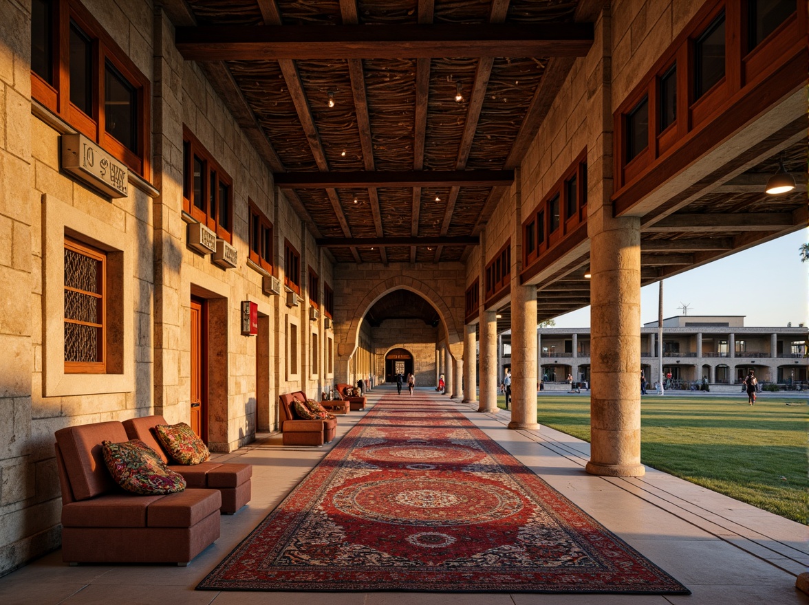 Prompt: Traditional stadium, local cultural influences, earthy tones, natural stone walls, wooden beams, rustic metal accents, vibrant colorful textiles, intricate geometric patterns, Islamic-inspired arches, grandstand seating, sports field lighting, evening ambiance, warm golden hour, shallow depth of field, 1/2 composition, realistic textures, ambient occlusion.