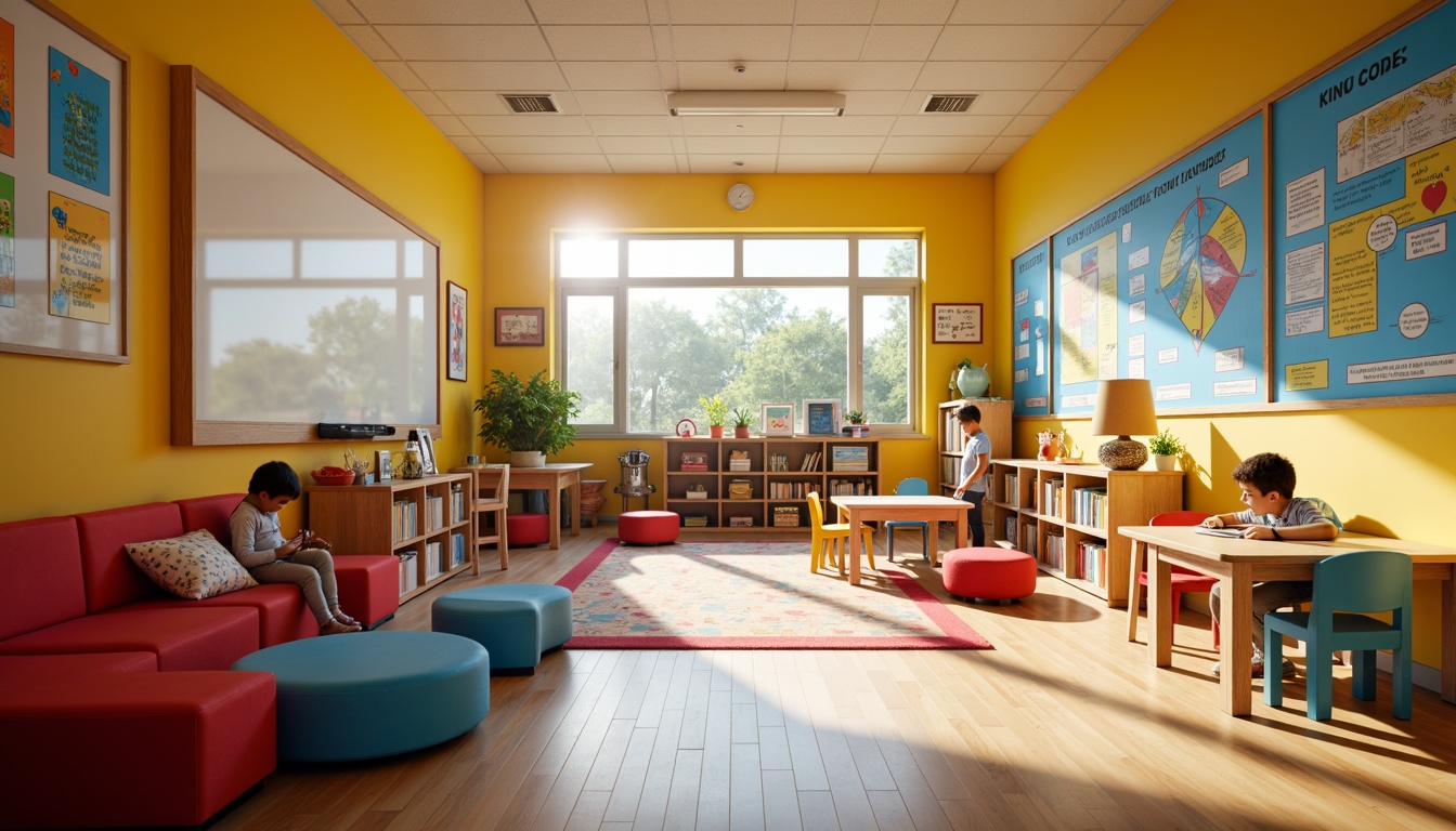 Prompt: Vibrant kindergarten, bright yellow walls, bold blue furniture, playful red accents, educational charts, interactive whiteboards, wooden floors, cozy reading nooks, natural light pouring in, warm afternoon sunbeams, shallow depth of field, 1/1 composition, realistic textures, ambient occlusion, cheerful corridor, lively canteen, collaborative learning spaces, inspirational quotes, colorful rugs, eclectic decorative elements.