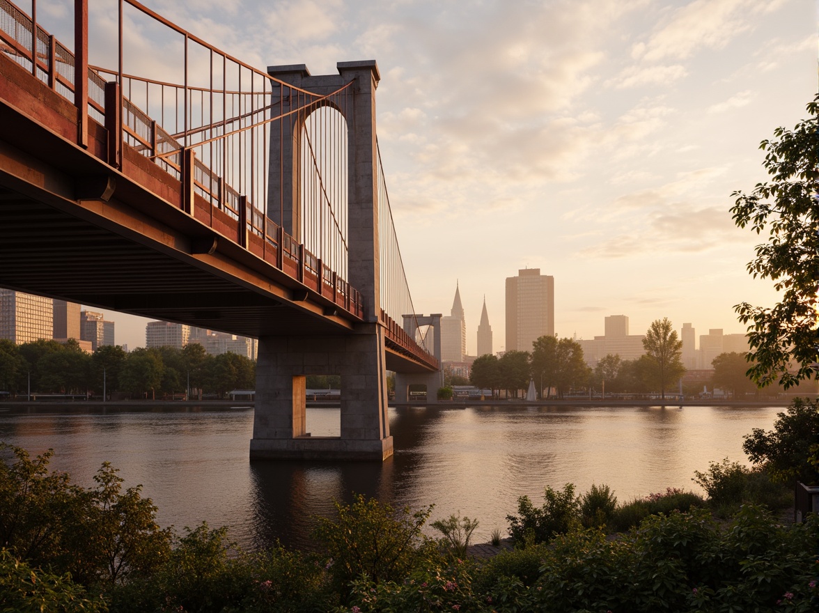 Prompt: Vibrant steel bridges, industrial metallic tones, warm golden lighting, misty morning atmosphere, urban cityscape, concrete pillars, modern minimalist design, sleek cable stays, suspended pedestrian walkways, riverbank scenery, lush greenery, blooming flowers, soft water reflections, shallow depth of field, 1/2 composition, realistic textures, ambient occlusion.