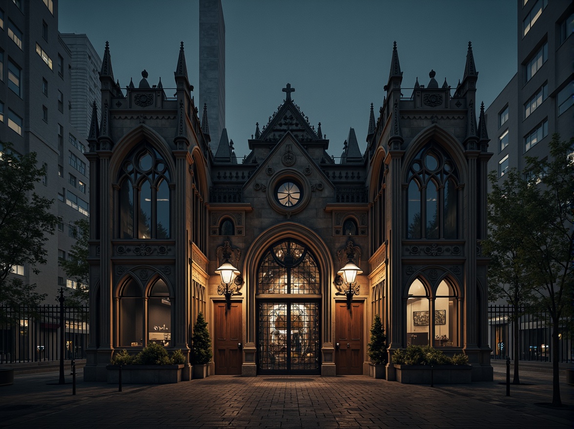 Prompt: Ornate office building, Gothic Revival facade, pointed arches, ribbed vaults, flying buttresses, intricate stone carvings, grandiose entranceways, heavy metal doors, stained glass windows, ornamental ironwork, dark mysterious atmosphere, high contrast lighting, dramatic shadows, atmospheric fog, cinematic composition, symmetrical framing, rich textures, detailed normal maps.