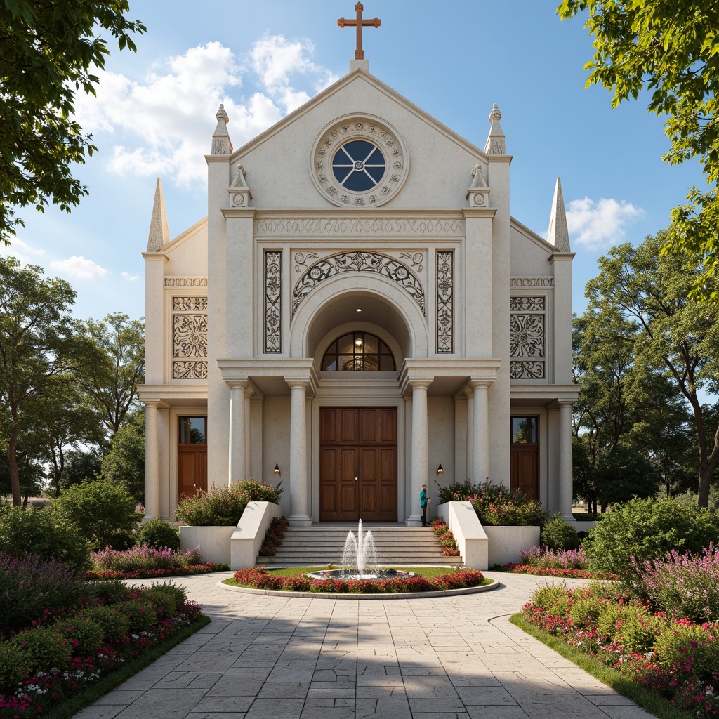 Prompt: Elegant church facade, ornate stone carvings, symmetrical gardens, lush greenery, vibrant flowers, decorative fountain, grand staircase, intricate ironwork, geometric patterns, bold colorful accents, Art Deco inspired sculptures, modern LED lighting, warm sunny day, shallow depth of field, 1/1 composition, panoramic view, realistic textures, ambient occlusion.