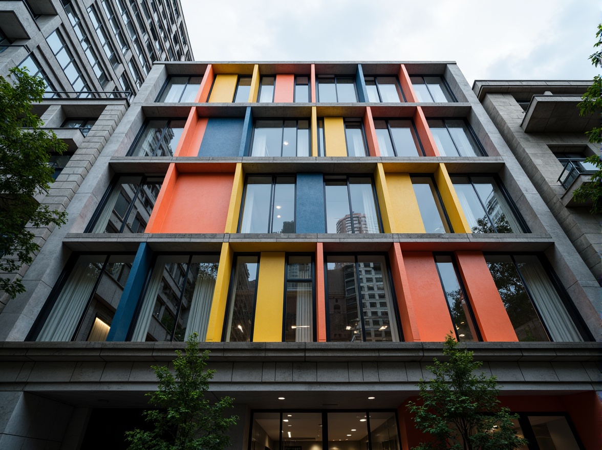 Prompt: Geometric building facade, asymmetrical composition, rectangular windows, industrial materials, exposed steel beams, concrete walls, minimalist ornaments, functionalist aesthetic, bold color blocking, abstract patterns, dynamic shapes, urban cityscape, overcast sky, dramatic shading, high-contrast lighting, cinematic atmosphere, 3/4 composition, low-angle shot, realistic textures, ambient occlusion.Please let me know if this meets your requirements!