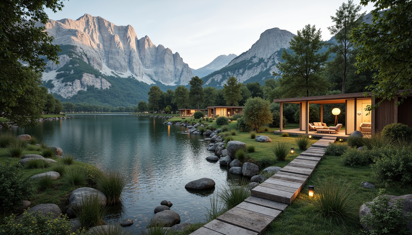 Prompt: Mountainous terrain, serene lakeside, lush greenery, rustic wooden bridges, meandering stone pathways, natural rock formations, scenic overlooks, modern eco-lodges, sustainable architecture, large windows, sliding glass doors, minimalist interior design, organic textures, warm ambient lighting, shallow depth of field, 3/4 composition, panoramic view, realistic atmospheric effects.