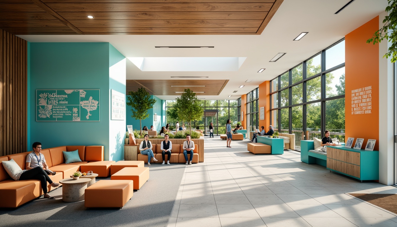 Prompt: Vibrant student hall, modern architecture, bold color scheme, energetic atmosphere, bright corridors, cozy common rooms, comfortable seating areas, warm wooden accents, soft pastel hues, calming blue tones, stimulating orange shades, lively green walls, inspirational quotes, motivational artwork, natural light pouring in, large windows, transparent glass doors, lush greenery outside, sunny day, shallow depth of field, 3/4 composition, realistic textures, ambient occlusion.Please let me know if this meets your requirements!