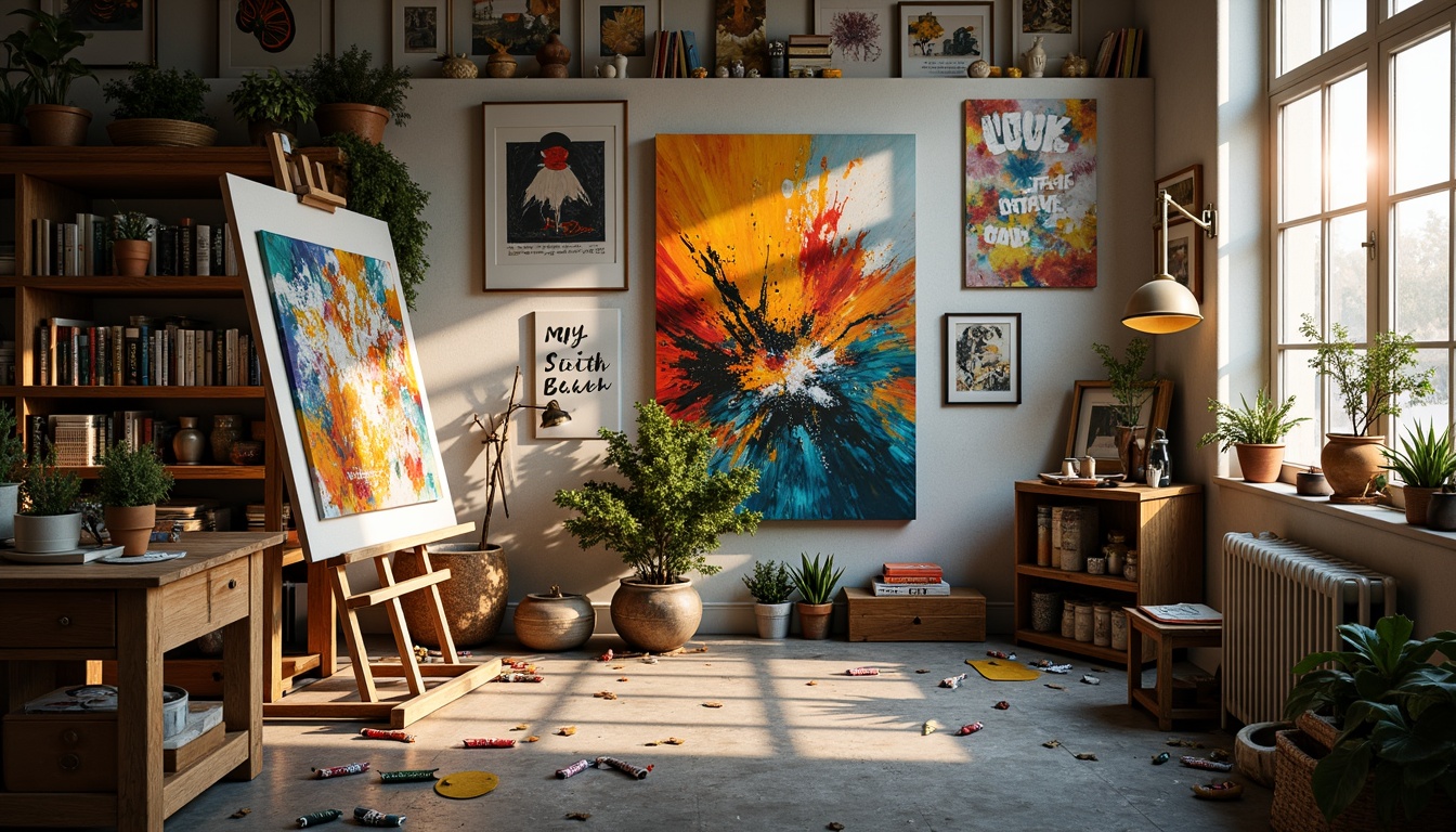 Prompt: Vibrant artistic studio, eclectic mix of colors, bold brushstrokes, textured canvas, artistic supplies, scattered paint tubes, inspirational quotes, natural light pouring in, wooden easel, abstract artwork, expressive splatters, warm earthy tones, rich jewel-toned accents, creamy pastels, metallic sheen, subtle gradient effects, atmospheric perspective, shallow depth of field, 1/2 composition, intimate close-up shots, soft focus, warm golden lighting.