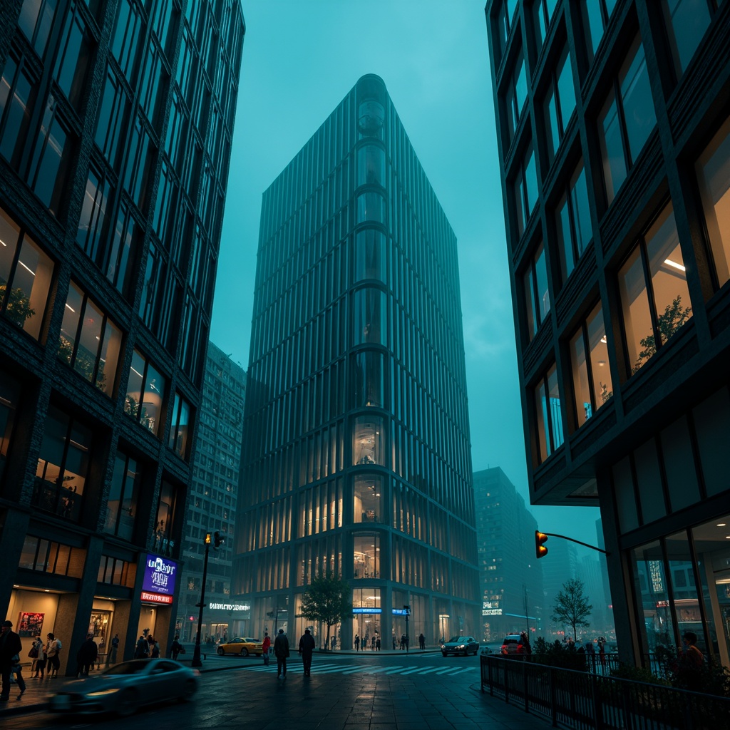 Prompt: Dark cyan building facade, mysterious ambiance, moody lighting, sleek metallic accents, glossy dark cyan windows, neon-lit signage, urban cityscape, misty evening atmosphere, high-rise architecture, futuristic design, geometric patterns, minimalist decor, bold color contrasts, dramatic shadows, low-key illumination, cinematic mood, atmospheric fog, 3/4 composition, shallow depth of field, realistic textures.