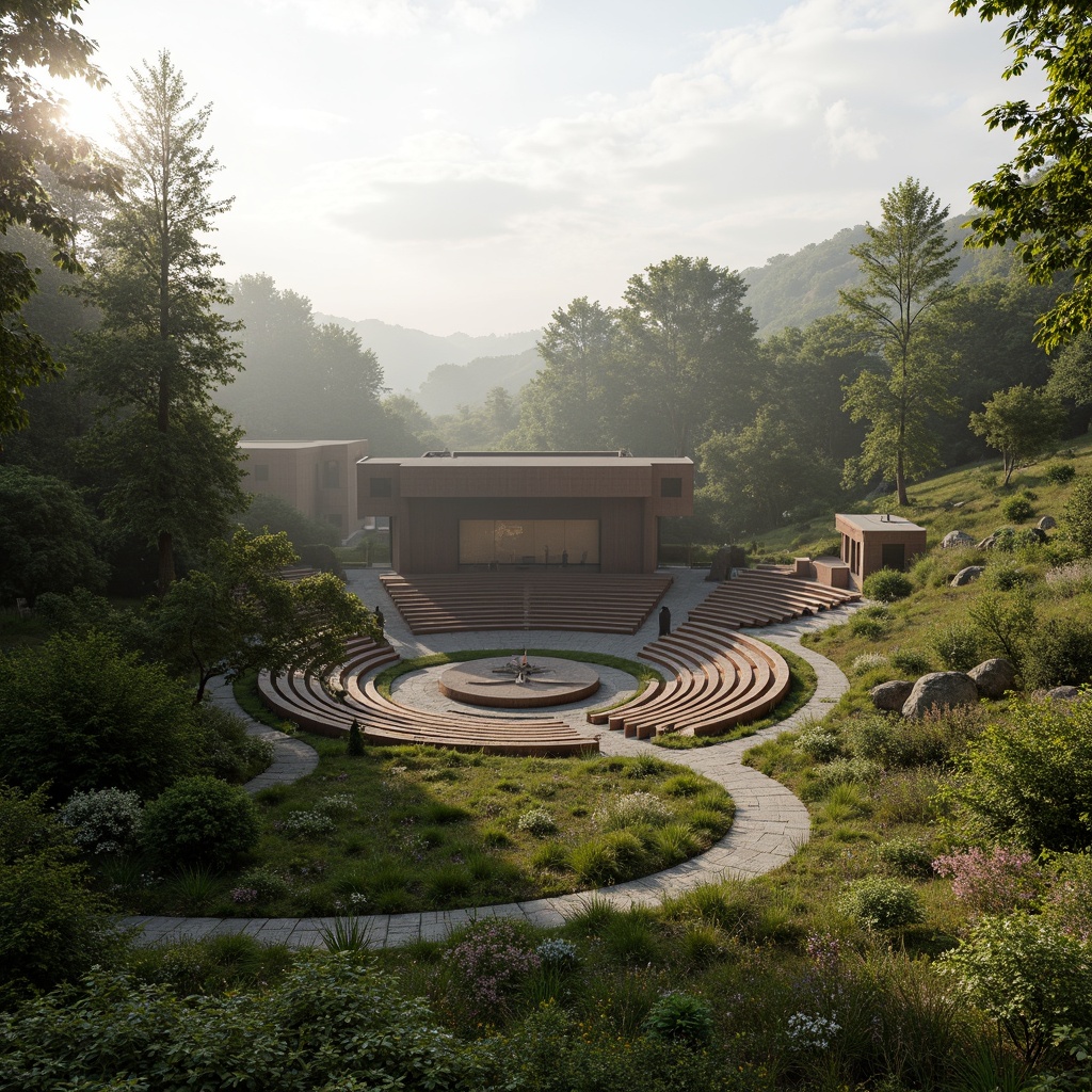 Prompt: Natural hillside amphitheater, lush green vegetation, curved seating areas, wooden benches, stone pathways, modern architecture, sleek lines, minimalist design, cantilevered roofs, open-air performance space, panoramic views, surrounding forest, misty morning light, soft warm glow, shallow depth of field, 3/4 composition, realistic textures, ambient occlusion, subtle color palette.