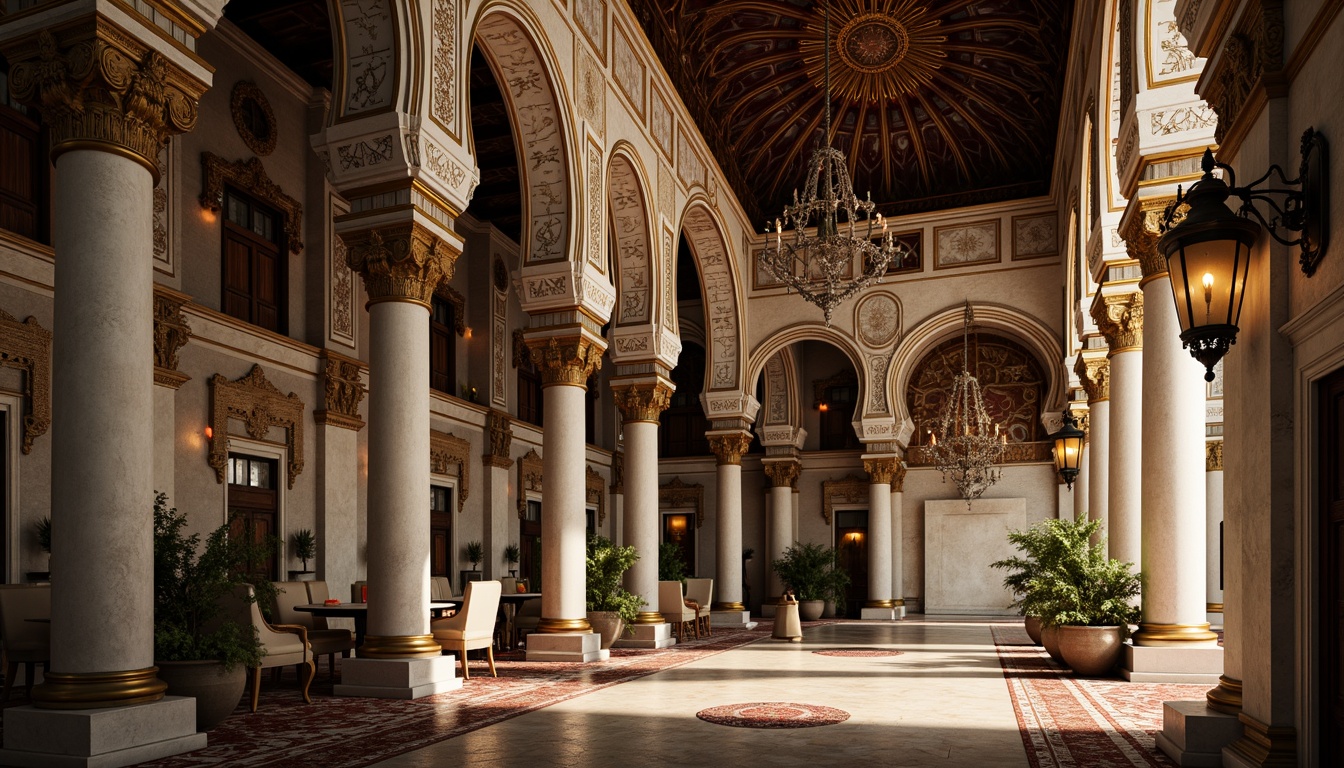 Prompt: Intricate stone carvings, ornate marble columns, grand arches, domed roofs, vibrant mosaic tiles, golden accents, luxurious fabrics, ornamental lanterns, mystical ambiance, warm soft lighting, subtle shadows, 3/4 composition, symmetrical balance, realistic textures, ambient occlusion.