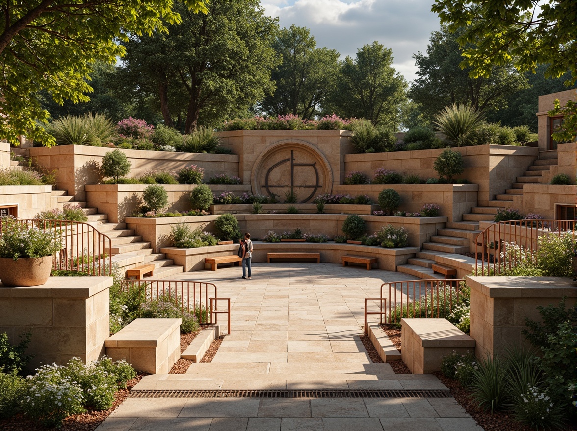 Prompt: Earthy tones, natural stone amphitheater, lush greenery, vibrant flowers, tiered seating, wooden benches, rustic metal railings, warm beige stonework, earthy red accents, soft warm lighting, shallow depth of field, 3/4 composition, panoramic view, realistic textures, ambient occlusion.