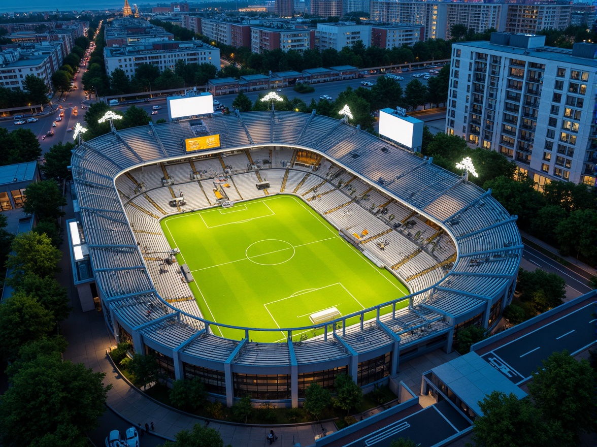 Prompt: Urban stadium, grandstand seating, lush greenery, sports facilities, athletic tracks, football fields, soccer goals, scoreboard displays, floodlighting systems, evening atmosphere, vibrant cityscape, modern architecture, sleek glass fa\u00e7ades, metallic structures, angular lines, urban density, bustling streets, pedestrian walkways, vehicular access roads, parking garages, public transportation hubs, commercial developments, restaurants, cafes, shops, urban landscape, aerial view, 1/2 composition, dramatic lighting, realistic textures, ambient occlusion.