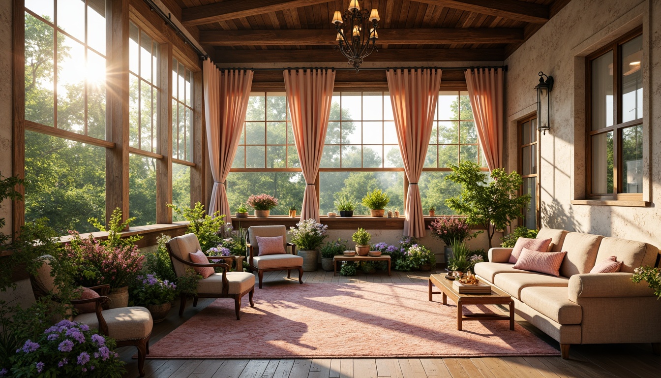 Prompt: Whimsical botanical gardens, soft warm lighting, muted color palette, pastel hues, gentle peach tones, blush pinks, lavender accents, mossy greens, weathered wood textures, distressed stone walls, ornate ironwork, flowing drapery, elegant chandeliers, vintage furniture pieces, floral patterns, watercolor-inspired artwork, dreamy atmosphere, warm golden hour, shallow depth of field, 1/2 composition, intimate portrait orientation.