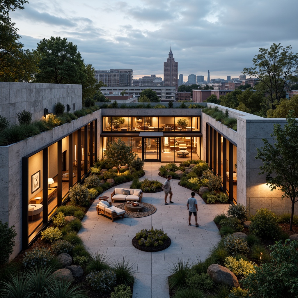 Prompt: Rustic stone walls, smooth glass facades, rough concrete textures, polished metal accents, vibrant green roofs, intricate wooden patterns, natural fiber textiles, earthy tone colors, industrial chic aesthetic, modern brutalist architecture, dramatic lighting contrasts, deep shadows, high ceilings, open floor plans, urban cityscape background, cloudy gray sky, warm golden hour lighting, 1/1 composition, realistic material rendering, ambient occlusion.