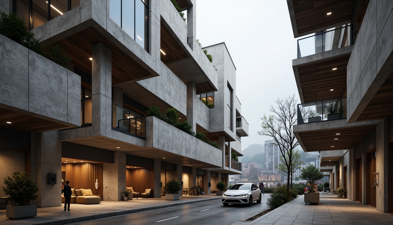 Prompt: Exposed concrete walls, rugged stone facades, rough-hewn wooden accents, industrial metal beams, brutalist fortress-like structures, dramatic cantilevered roofs, bold geometric forms, raw unfinished textures, minimalist interior decor, cold atmospheric lighting, 1/1 composition, low-angle shot, moody shadows, harsh contrasts, urban cityscape backdrop, overcast skies, misty morning atmosphere.