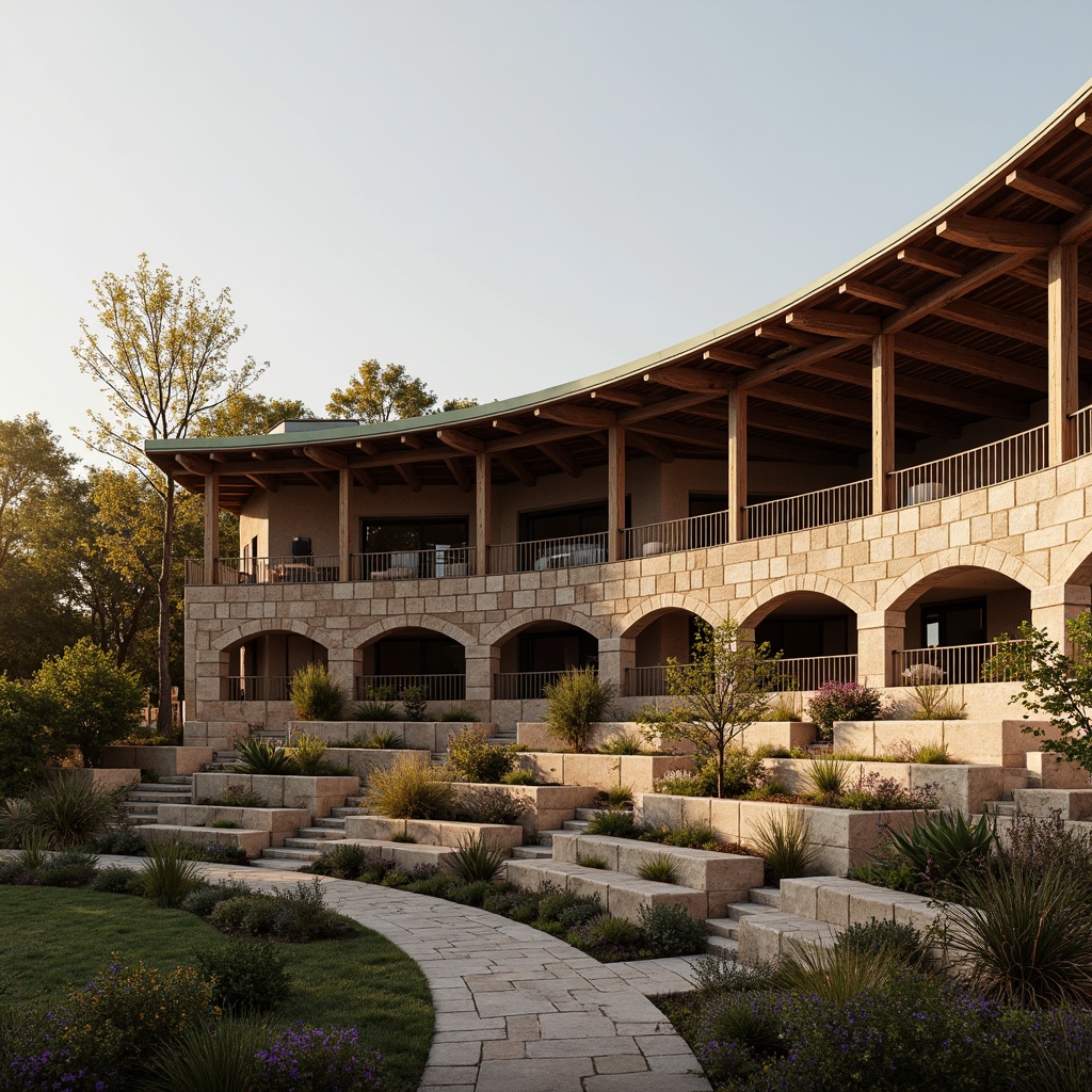 Prompt: Rustic stadium exterior, natural stone fa\u00e7ade, curved arches, wooden beam roofs, earthy color palette, tiered seating, green roofs, native plant species, regional architectural influences, cultural heritage references, intricate masonry details, ornate metalwork, atmospheric lighting, warm golden hour, shallow depth of field, 2/3 composition, panoramic view, realistic textures, ambient occlusion.