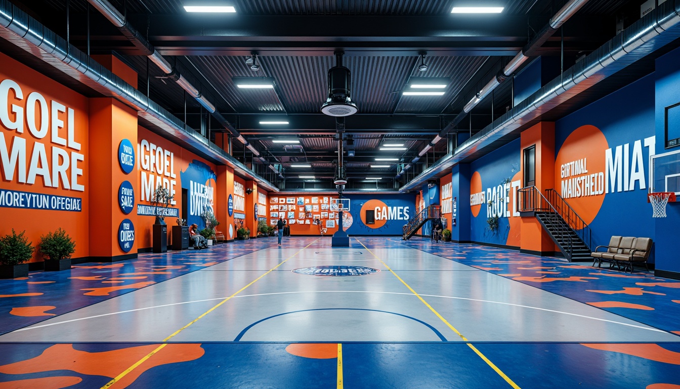 Prompt: Vibrant gymnasium interior, bold athletic colors, deep blues, energetic oranges, bright whites, sleek metallic accents, modern sports equipment, professional basketball courts, rubber flooring, motivational quotes, urban graffiti walls, industrial-style lighting, 1/1 composition, dramatic shadows, realistic reflections, ambient occlusion.Please let me know if this meets your expectations!