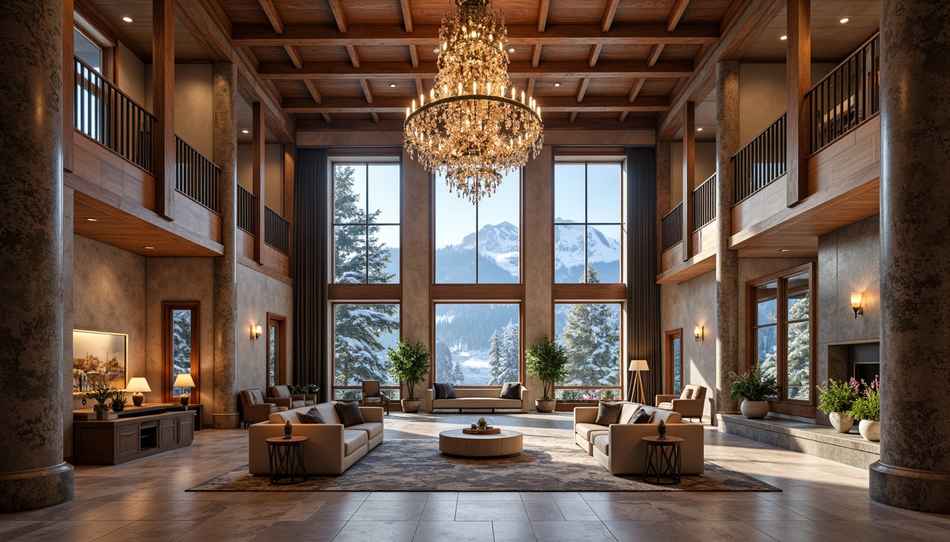 Prompt: Luxurious ski center lobby, grand chandelier, marble flooring, ornate columns, rich wood accents, elegant furnishings, neoclassical architecture, symmetrical layout, high ceilings, large windows, snowy mountain views, warm fireplaces, comfortable seating areas, rustic wooden beams, stone walls, cozy ambiance, soft warm lighting, shallow depth of field, 1/1 composition, realistic textures, ambient occlusion.