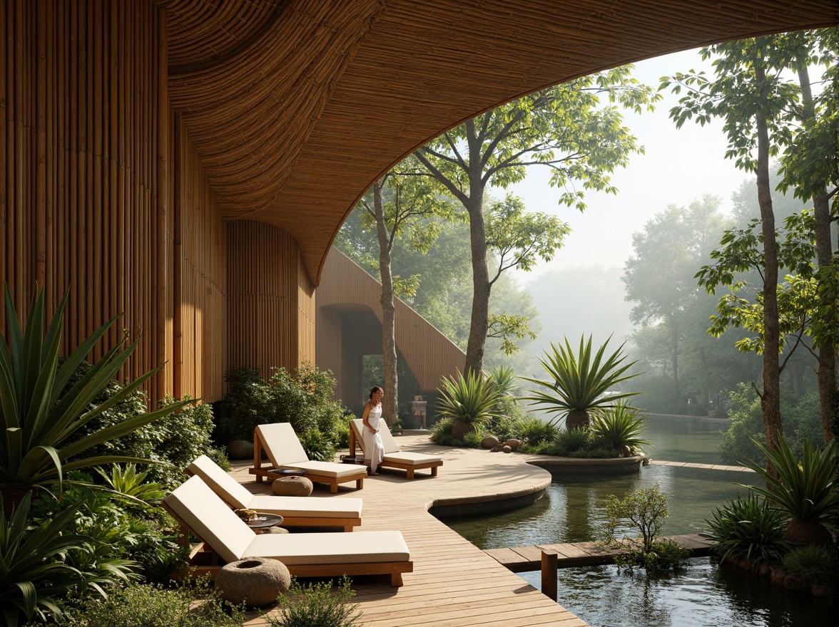 Prompt: Organic bamboo architecture, curved lines, natural textures, earthy tones, sustainable materials, eco-friendly design, tropical environment, lush greenery, misty atmosphere, soft diffused lighting, shallow depth of field, 1/1 composition, intimate portrait view, realistic renderings, ambient occlusion.