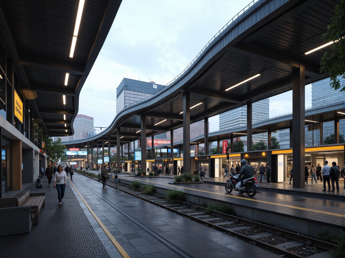 Prompt: Streamlined train station fa\u00e7ade, curved lines, modernist architecture, steel beams, large glass windows, cantilevered roofs, sleek metal cladding, futuristic lighting systems, neon signage, urban cityscape, busy streets, morning rush hour, soft natural light, shallow depth of field, 1/2 composition, symmetrical framing, highly detailed textures, ambient occlusion.