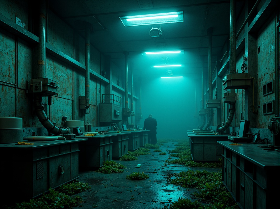 Prompt: Dark cyan abyss, mysterious underwater world, eerie bioluminescent creatures, glowing aquatic plants, abandoned research facility, rusted metal equipment, worn concrete walls, dimly lit laboratories, haunting ambient sounds, ominous fog, misty atmosphere, subtle neon accents, futuristic sci-fi elements, high-tech machinery, intricate piping systems, metallic textures, dramatic spotlighting, 1/1 composition, cinematic mood lighting.