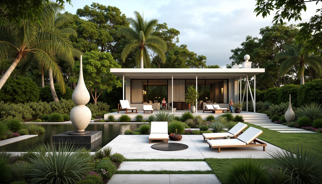 Prompt: Lush greenery, abstract sculptures, sleek water features, modern outdoor furniture, minimalist planters, geometric walkways, neutral color palette, tropical plants, subtropical trees, warm ambient lighting, shallow depth of field, 1/1 composition, panoramic view, realistic textures, ambient occlusion, international style architecture, flat roofs, large windows, sliding glass doors, open floor plans, functional spaces, modernist design principles.