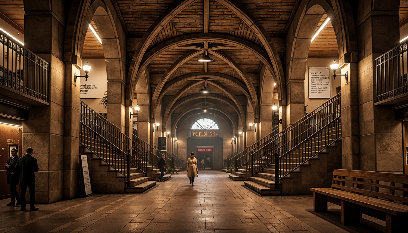 Prompt: Rustic metro station, arched vaults, groin vaults, ribbed ceilings, ornate capitals, solid stone walls, rough-hewn textures, earthy tones, warm lighting, atmospheric ambiance, grand staircases, intricate carvings, ornamental metalwork, richly patterned floors, Romanesque Revival architecture, imposing columns, sturdy arches, heavy stone foundations, underground tunnels, dimly lit platforms, vintage signage, nostalgic advertisements, realistic stonework, detailed tile patterns, warm color palette, shallow depth of field, 1/2 composition, dramatic lighting effects.