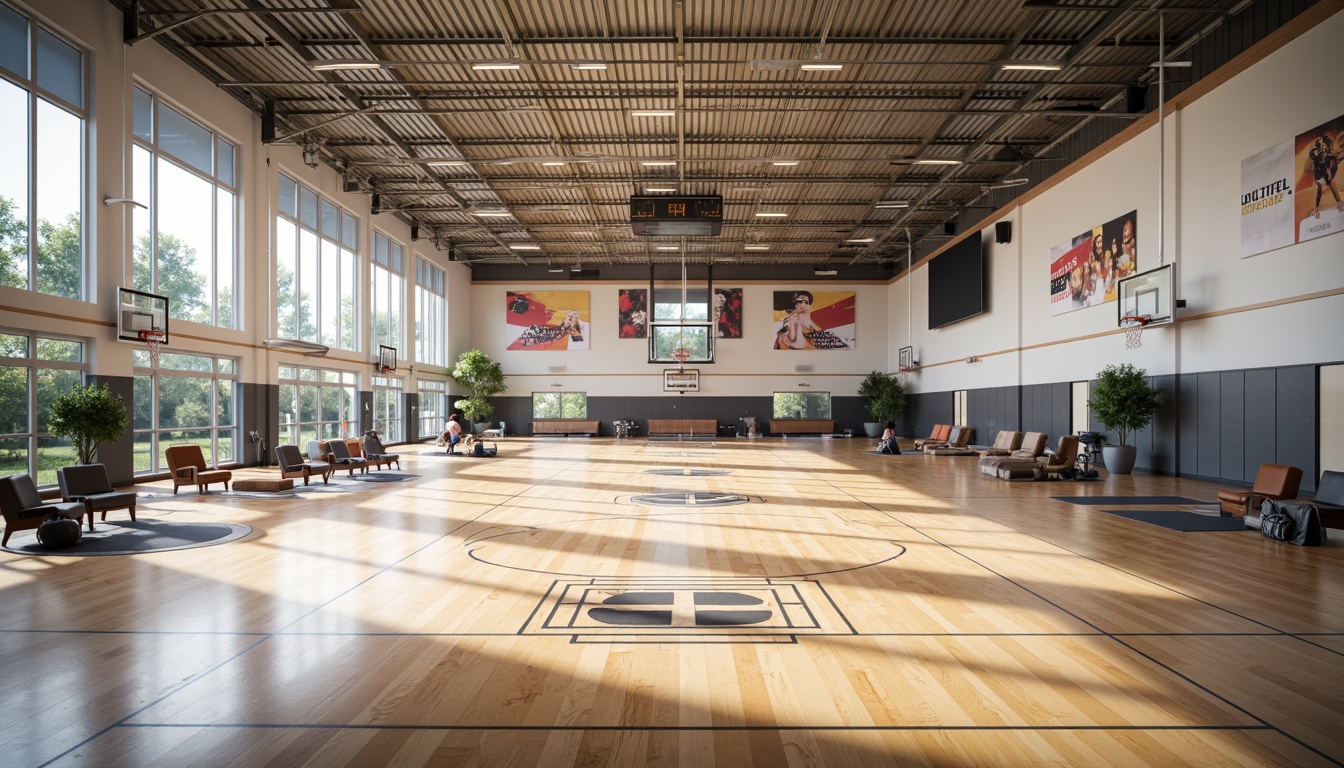 Prompt: Modern gymnasium interior, high ceilings, polished wooden floors, athletic equipment, basketball hoops, sports mats, mirrored walls, motivational quotes, natural light pouring in, large windows, sliding glass doors, sleek metal beams, minimalist design, open spaces, functional layout, efficient traffic flow, comfortable seating areas, vibrant color schemes, dynamic lighting systems, 1/1 composition, shallow depth of field, realistic textures, ambient occlusion.