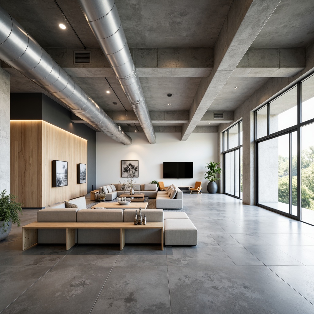 Prompt: Open concept living area, minimalist decor, neutral color palette, industrial materials, exposed ductwork, polished concrete floors, floor-to-ceiling windows, sliding glass doors, natural light, functional simplicity, rectangular shapes, clean lines, minimal ornamentation, emphasis on functionality, monochromatic scheme, subtle texture contrasts, modernist aesthetic, 1/1 composition, high ceilings, airy atmosphere, soft diffused lighting, shallow depth of field.