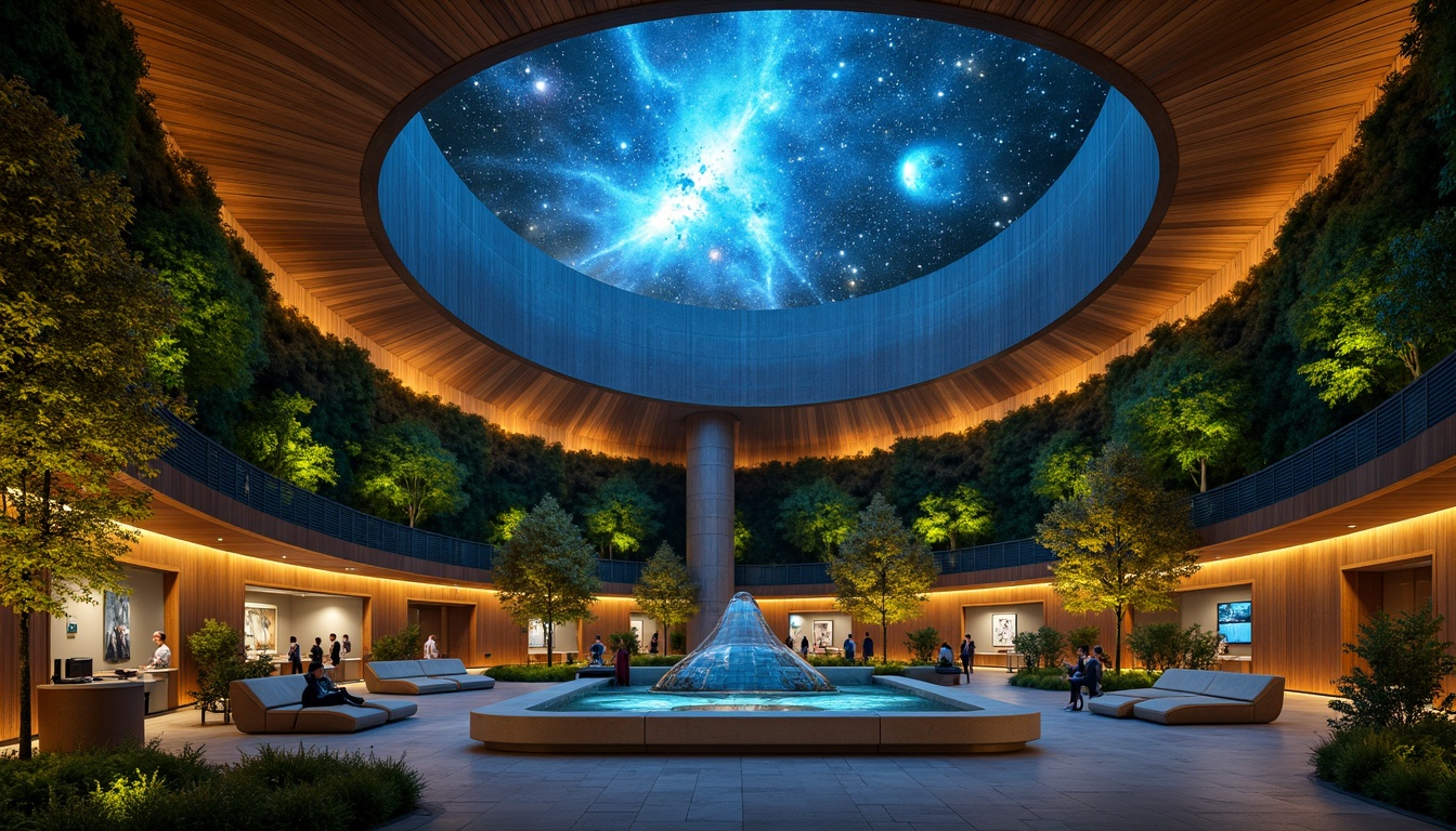 Prompt: Celestial planetarium dome, organic curves, lush green walls, living roofs, natural ventilation systems, earthy tones, wooden accents, soft ambient lighting, starry night sky projections, immersive audiovisual experiences, panoramic views, futuristic architecture, sustainable materials, eco-friendly design, minimalistic furniture, interactive exhibits, virtual reality interfaces, 360-degree visuals, shallow depth of field, atmospheric soundscape, realistic textures, ambient occlusion.