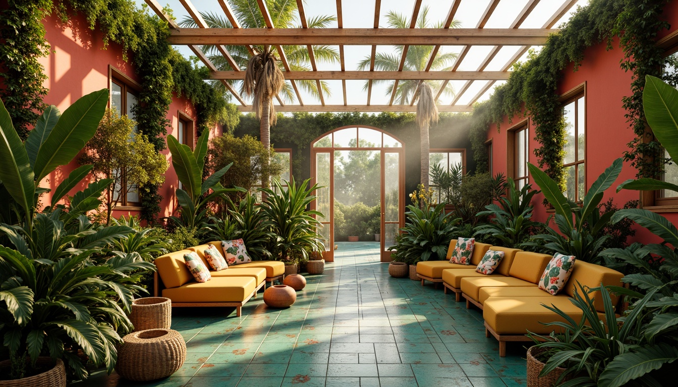 Prompt: Vibrant greenhouse interior, lush tropical plants, exotic flowers, warm natural light, misty atmosphere, wooden trellis, rattan furniture, earthy terracotta pots, soft moss accents, dewy glass roof, bright coral walls, turquoise ceramic tiles, sunny yellow benches, emerald green leaf patterns, whimsical botanical prints, airy open spaces, shallow depth of field, 1/1 composition, warm golden lighting, realistic textures.