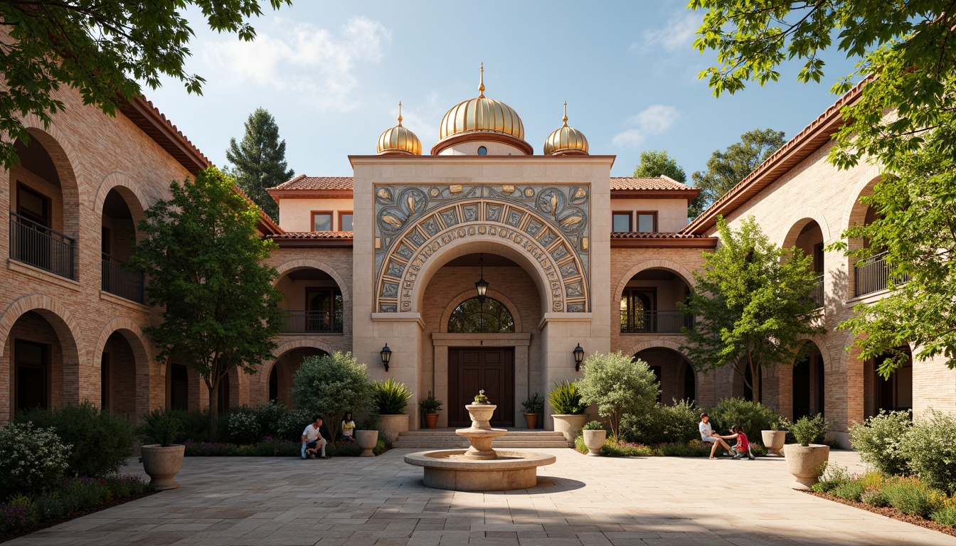 Prompt: Byzantine-inspired gymnasium facade, ornate stone carvings, golden domes, intricate mosaics, grand archways, rustic brick walls, weathered copper roofs, lush greenery, climbing vines, Mediterranean courtyard, warm sunny day, soft natural lighting, high-contrast shadows, dramatic architectural details, 1/2 composition, symmetrical framing, rich textures, ambient occlusion.