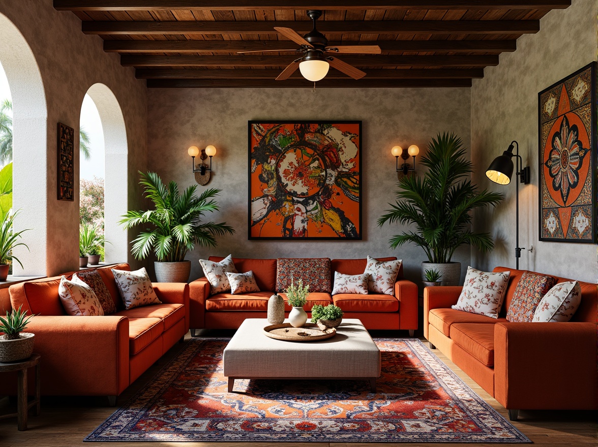 Prompt: Vibrant bohemian interior, mixed patterns, bold color palette, ornate furniture pieces, vintage accessories, distressed finishes, eclectic artwork, global cultural influences, Moroccan tiles, Indian prints, African textiles, rich velvet fabrics, reclaimed wood accents, abstract sculptures, statement lighting fixtures, lush greenery, natural stone walls, earthy tone color scheme, warm cozy atmosphere, relaxed organic shapes, soft diffused light, 1/1 composition, intimate close-up shot, realistic textures, ambient occlusion.