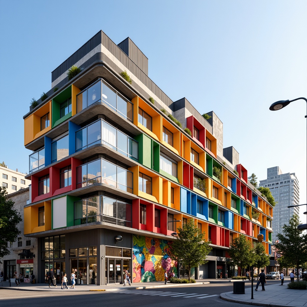 Prompt: Vibrant youth center, constructivist architecture, bold geometric shapes, dynamic angular forms, bright primary colors, abstract murals, graphic patterns, industrial metal fa\u00e7ade, exposed ductwork, urban cityscape, bustling streets, modern streetlights, sunny afternoon, soft natural lighting, shallow depth of field, 1/1 composition, symmetrical view, realistic textures, ambient occlusion.