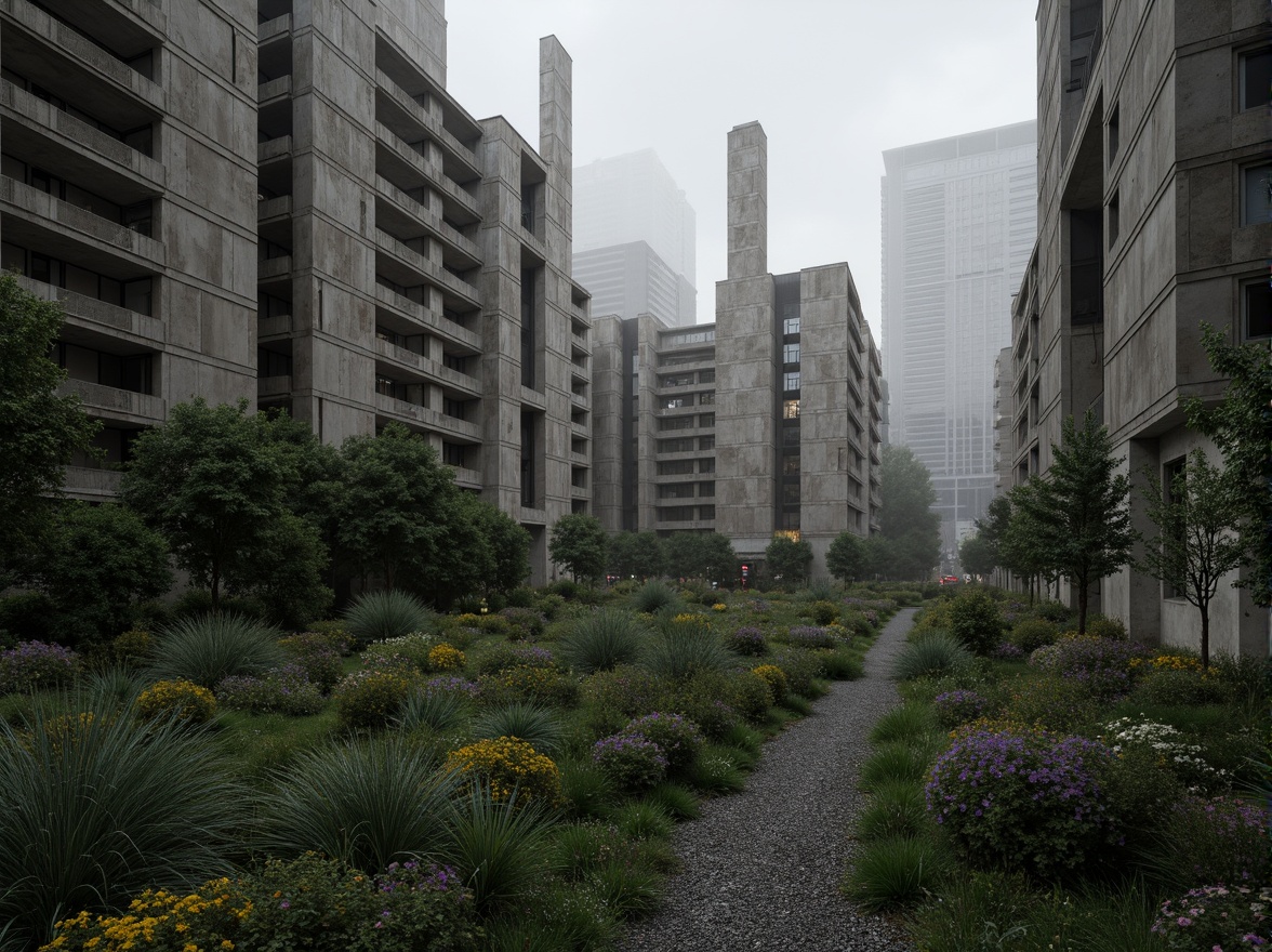 Prompt: Rugged brutalist buildings, industrial concrete textures, raw steel beams, fortress-like structures, urban cityscape, dense foliage, overgrown vegetation, wildflower meadows, gravel pathways, weathered stone walls, moss-covered surfaces, dramatic shadows, high-contrast lighting, atmospheric fog, 1-point perspective, low-angle shot, cinematic composition, gritty realistic render.