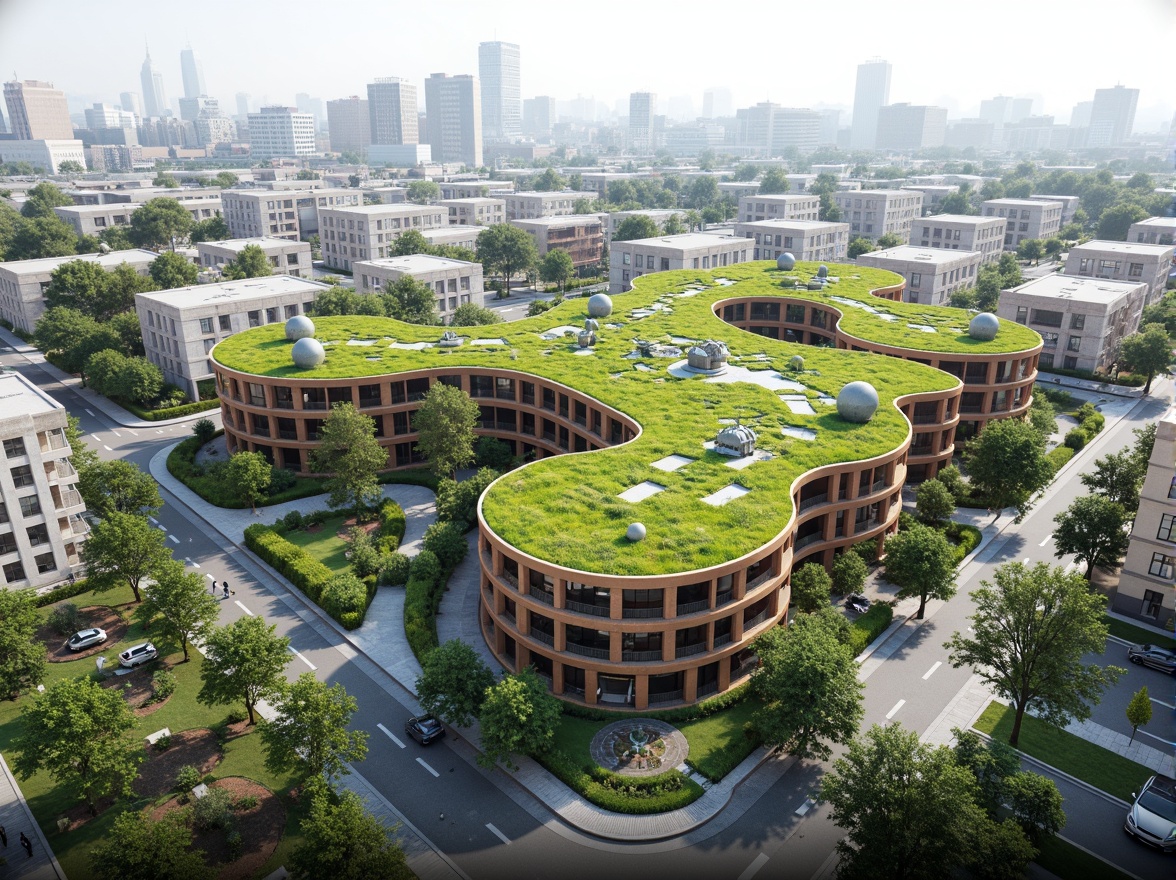 Prompt: Eco-friendly buildings, green roofs, solar panels, wind turbines, water conservation systems, sustainable materials, natural ventilation, minimal waste, recycled resources, energy-efficient solutions, organic shapes, curvaceous lines, modern architecture, futuristic design, urban landscape, cityscape, bustling streets, vibrant neighborhoods, pedestrian-friendly infrastructure, public transportation hubs, community gardens, green spaces, calm ambiance, soft natural lighting, shallow depth of field, 3/4 composition, panoramic view.